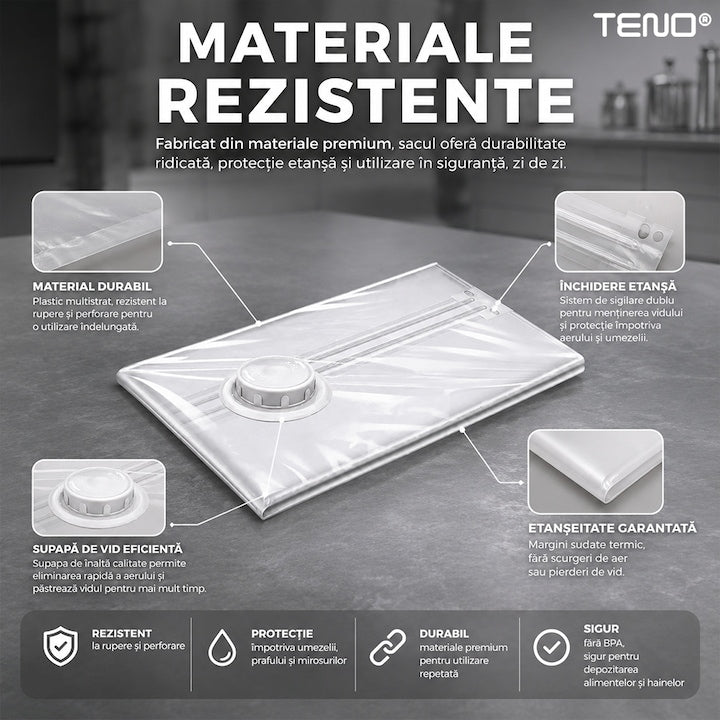 Sac de Vidat Teno®, pentru imbracaminte, pilote, perne, rezistent, valva tripla, materiale calitative, protectie waterproof, reutilizabil, vidare prin vacuum, 60 x 90 cm, alb