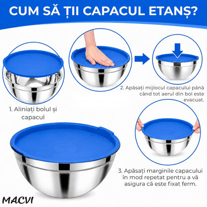 Castron Inox cu Capac si Baza Antiderapanta Macvi® 22 cm Bol Bucatarie, Otel Inoxidabil cu Capac Etans, Albastru