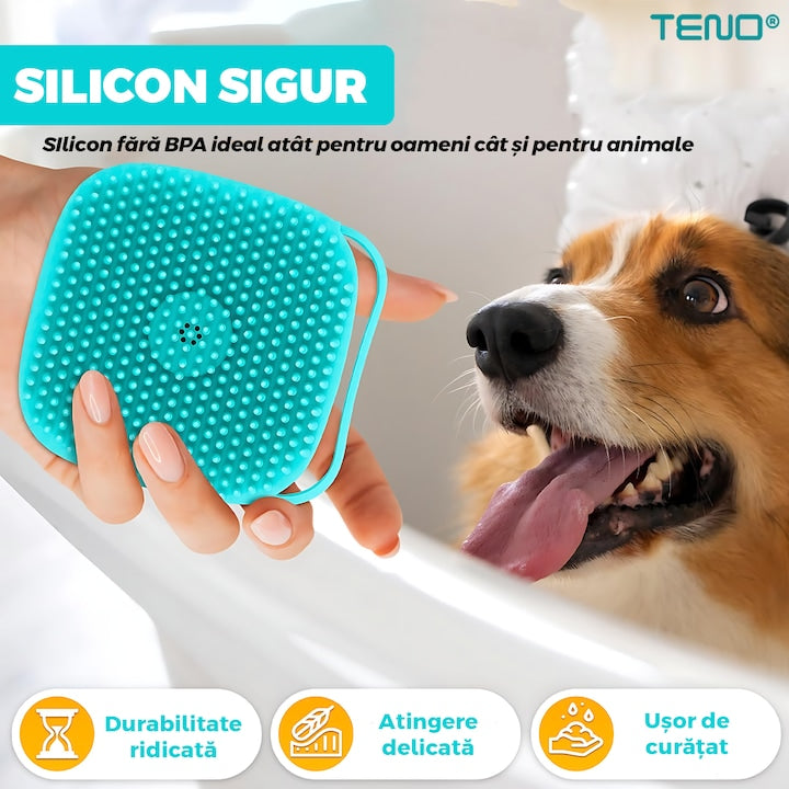 Perie din Silicon cu Dozator Teno®, universala, pentru oameni/animale, curatenia casei si a masinii, capacitate de sapun/sampon ridicata, silicon sigur, peri moi, multifunctionala, reutilizabila, turcoaz