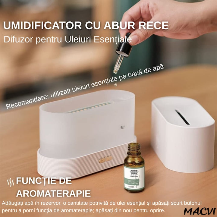 Difuzor Aromaterapie si Umidificator Macvi® cu Efect de Flacara, Ultrasunete, Capacitate 180 ml, 10 Ore de Functionare, Alb