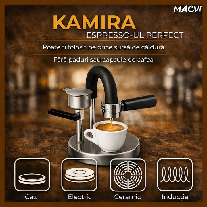Espressor manual Kamira MACVI®, din inox 100%, presiune 4-5 bari, portabil, fara curent, filtru de inox pentru 1 ceasca cafea, compatibil aragaz si resou