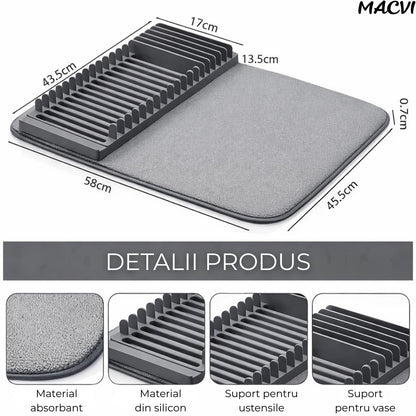 Suport vase Macvi® uscator vase pliabil 58x45.5, covoras absorbant material textil si suport siliconic organizator chiuveta bucatarie design compact respirabil banda elastica stabilitate mare, modern