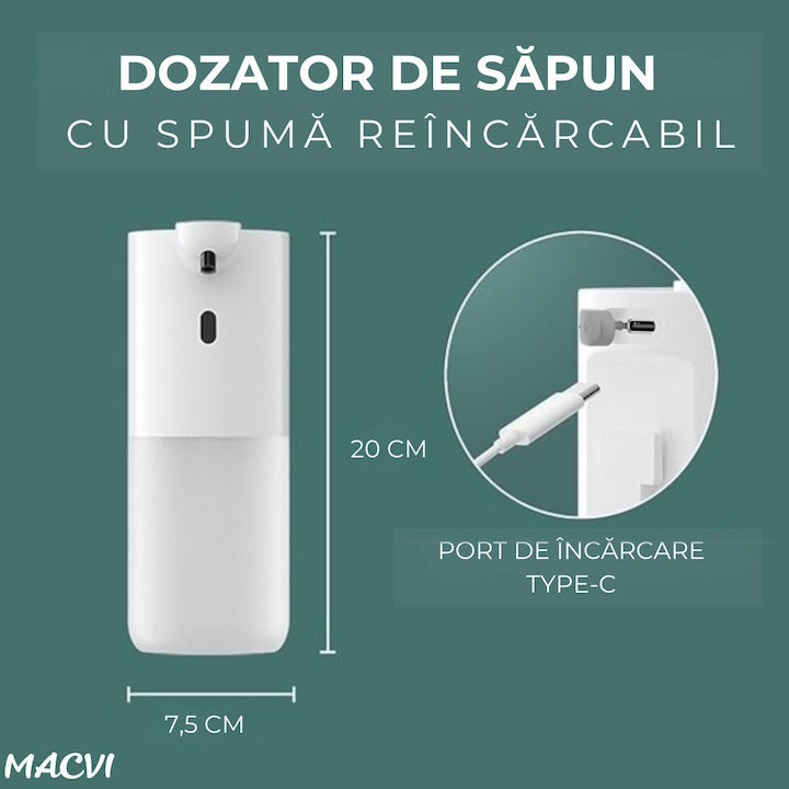 Dozator automat sapun spuma Macvi® cu senzor infrarosu 4 niveluri volum spuma reincarcabil USB-C 400 ml IPX5