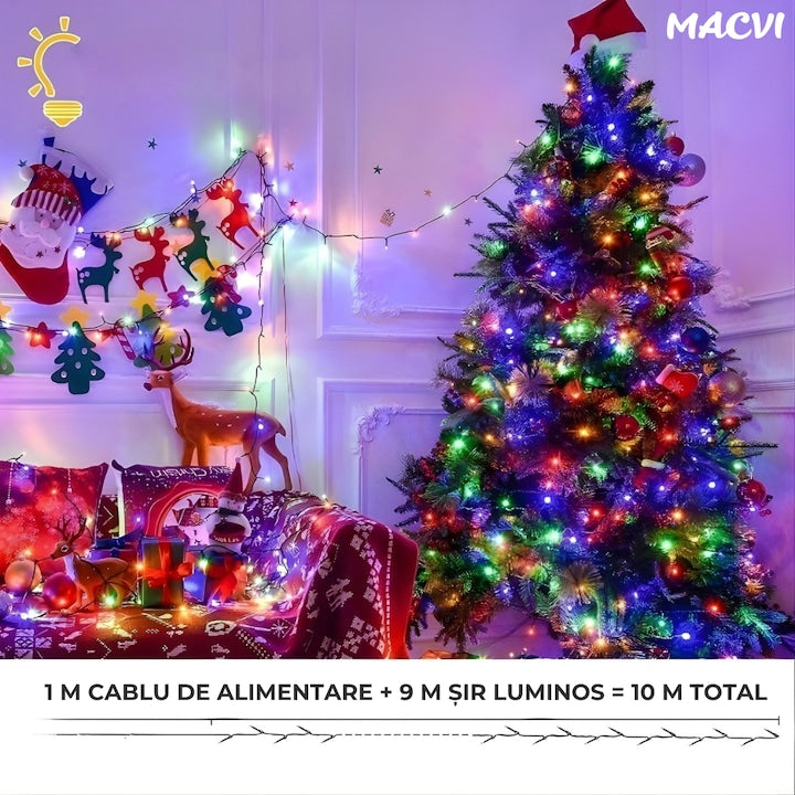 Instalatie luminoasa Macvi® 100 LED-uri, 10 metri, pentru decor de Craciun, rezistenta si economica