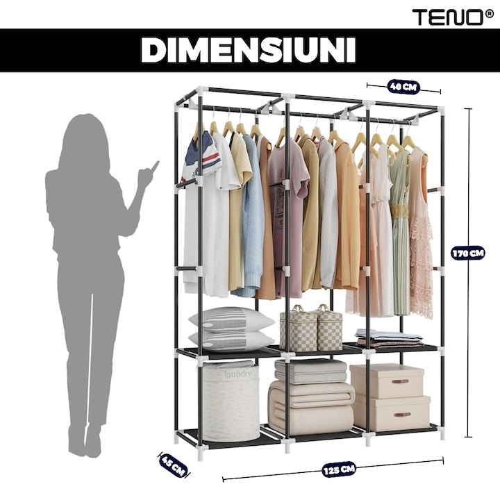 Dulap din Material Textil pentru Haine si Incaltaminte Teno®, impermeabil, 8 rafturi, inchidere fermoar, suport umerase, cadru otel, 170 cm, negru