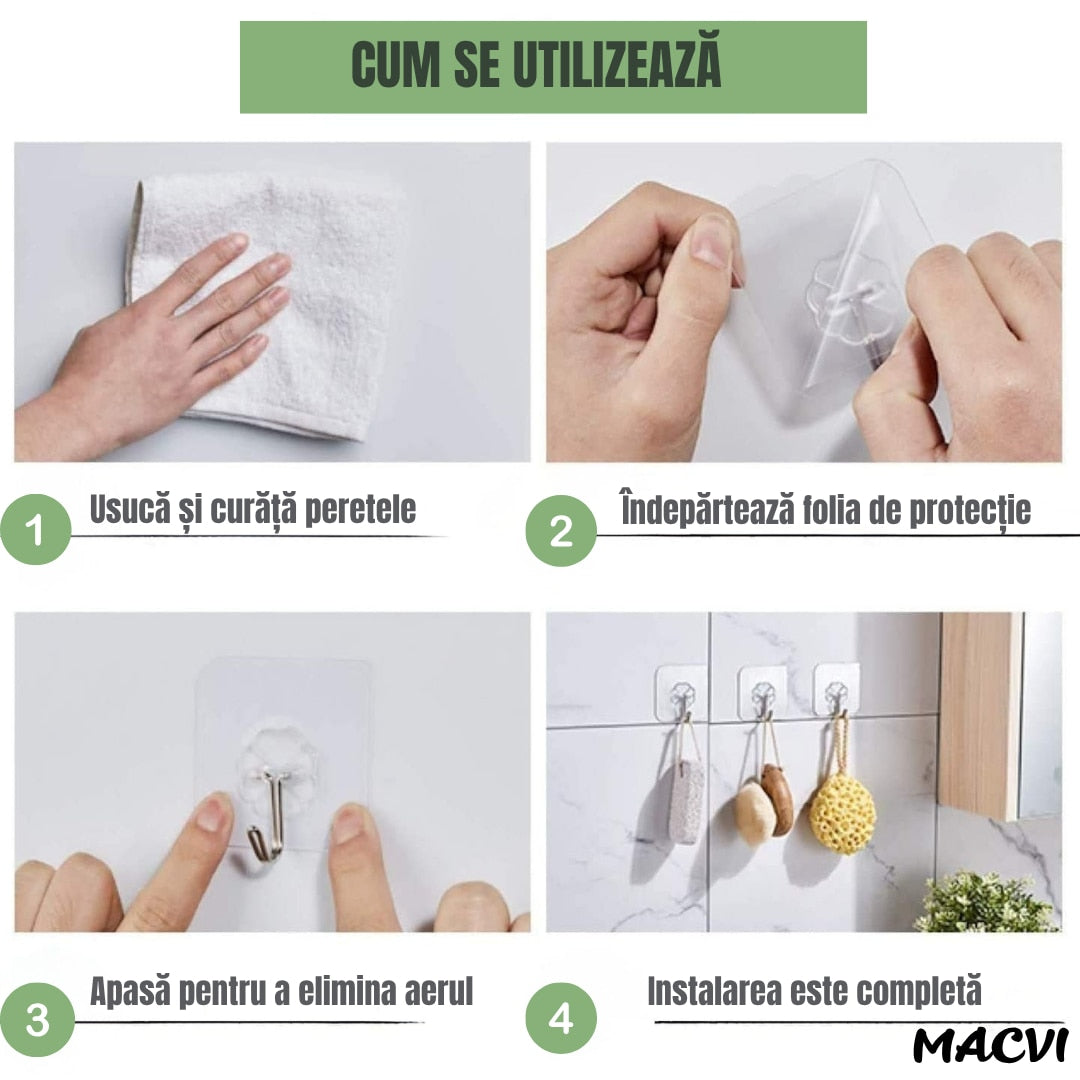 Set 10 carlige autoadezive Macvi® transparente pentru prosoape, impermeabile, ABS durabil, 180° rotative, fixare puternica si reutilizabila, pentru baie, bucatarie si dormitor