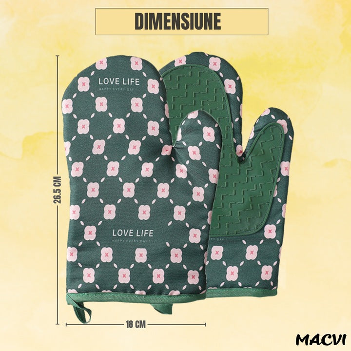 Set 2 manusi pentru cuptor sau gratar Macvi®, rezistenta pana la 350°C, umplutura din lana, material textil si cauciuc, model verde