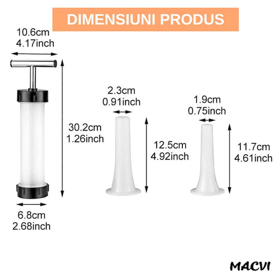 Aparat manual pentru umplut carnati, Macvi®, inox/plastic, 0.5 kg, 2 tuburi de umplere, alb
