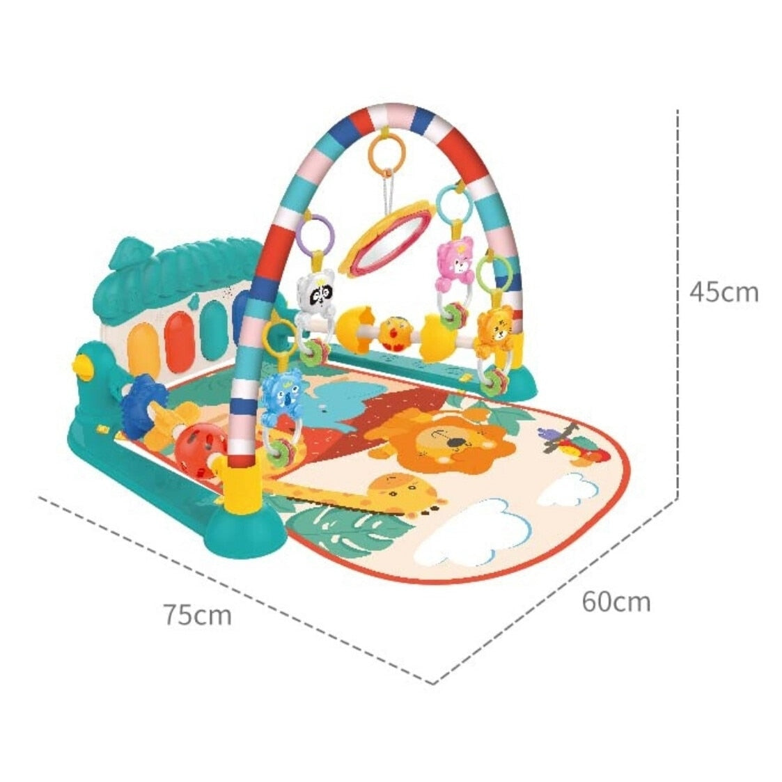Centru de activitate si covoras bebelusi Macvi®, pian muzical interactiv, 5 jucarii detasabile, lavabil, educativ, 0-12 luni, multicolor