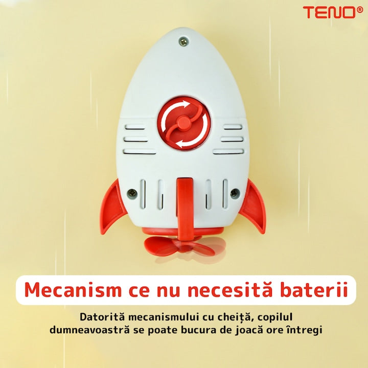 Jucarie de Baie pentru Copii Teno®, Racheta Inotatoare, interactiva, fara baterii, mecanism cu cheita, 8x11cm, rosu/alb