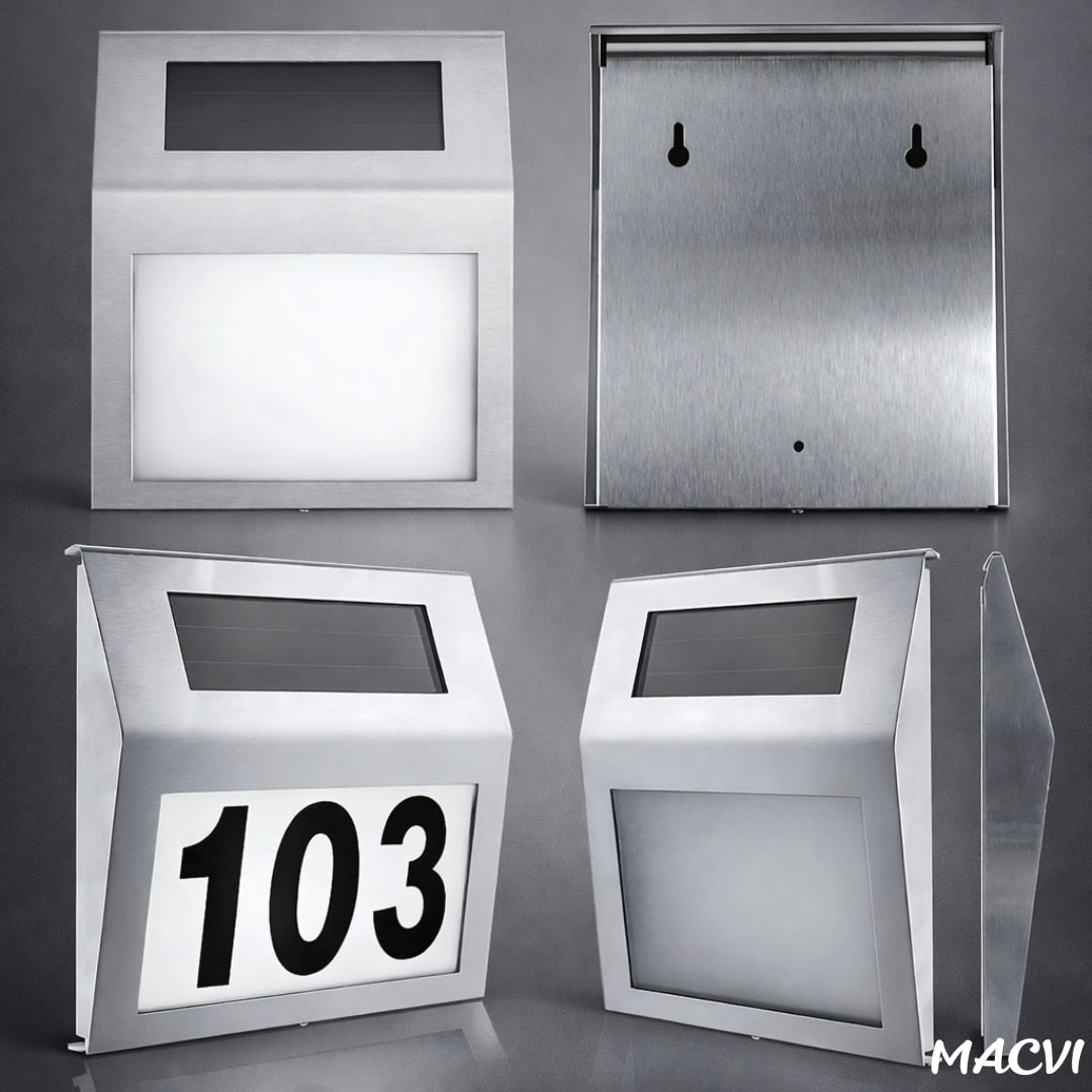 Placa Numar Casa Macvi® cu Iluminare Solara LED Montaj Exterior, Detectie Automata Noapte-Zi, Rezistenta la Intemperii, din Inox