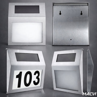 Placa Numar Casa Macvi® cu Iluminare Solara LED Montaj Exterior, Detectie Automata Noapte-Zi, Rezistenta la Intemperii, din Inox