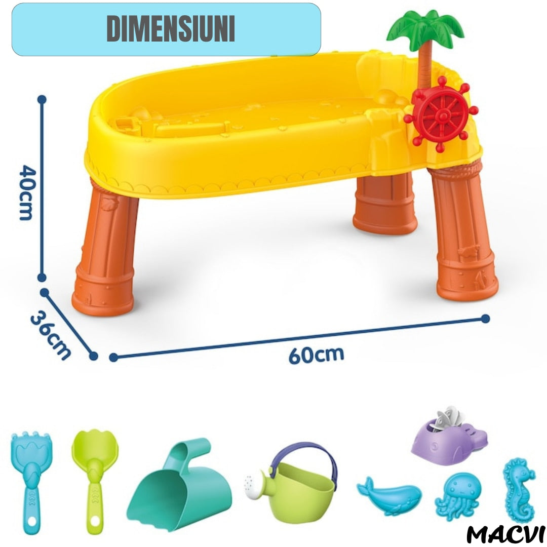 Masa de apa 2 in 1 Macvi® pentru copii, cu 8 accesorii interactive, multicolor, recomandata 3 ani+