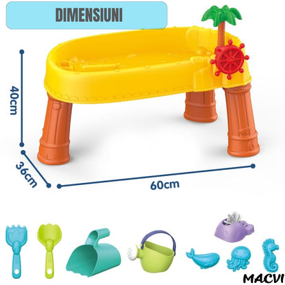 Masa de apa 2 in 1 Macvi® pentru copii, cu 8 accesorii interactive, multicolor, recomandata 3 ani+