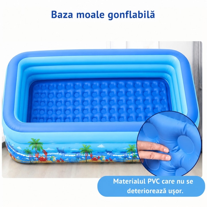 Piscina gonflabila familiala Macvi® 180 x 125 x 54 cm, 3 inele, PVC rezistent, capacitate 370 L, pentru 2 adulti si 3 copii, design tropical, albastru/alb