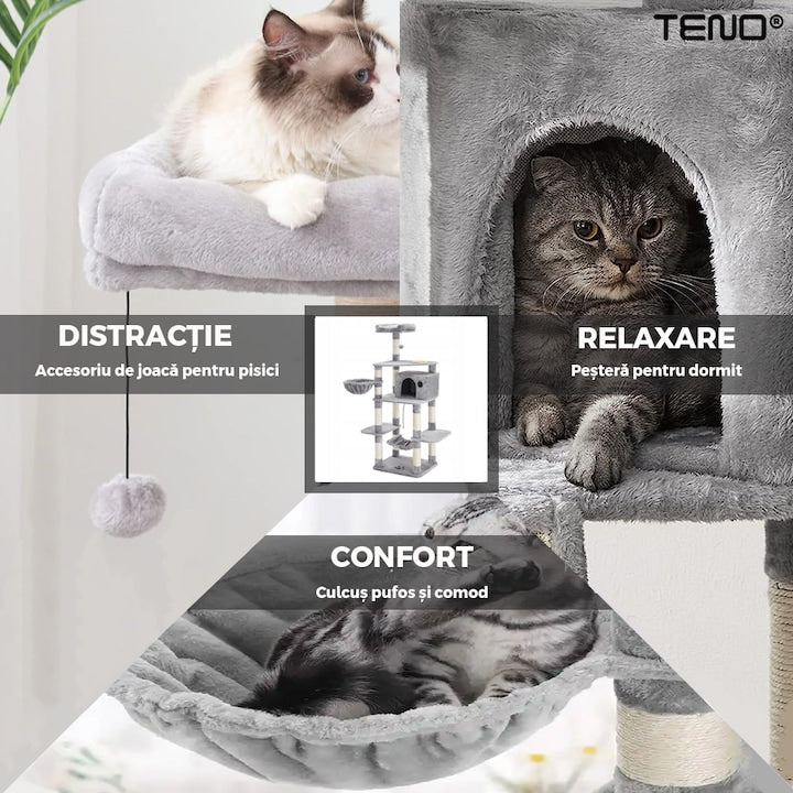Ansamblu de Joaca pentru Pisici Teno®, tip turn,1 platforma de observatie, 4 niveluri, 1 casuta, scara, hamac, franghie si mingiuta de joaca, stalpi pentru zgariat, captuseala extra moale, structura stabila, 164 cm, gri deschis