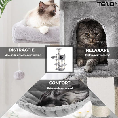 Ansamblu de Joaca pentru Pisici Teno®, tip turn,1 platforma de observatie, 4 niveluri, 1 casuta, scara, hamac, franghie si mingiuta de joaca, stalpi pentru zgariat, captuseala extra moale, structura stabila, 164 cm, gri deschis
