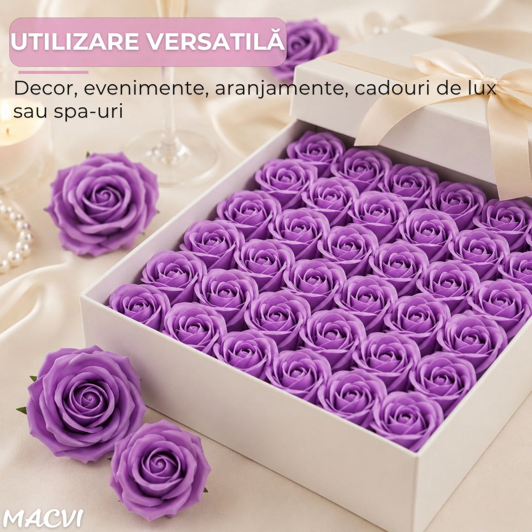 Set 50 trandafiri din sapun, 5x5 cm, calitate premium, decor si cadou elegant, Mov lavanda
