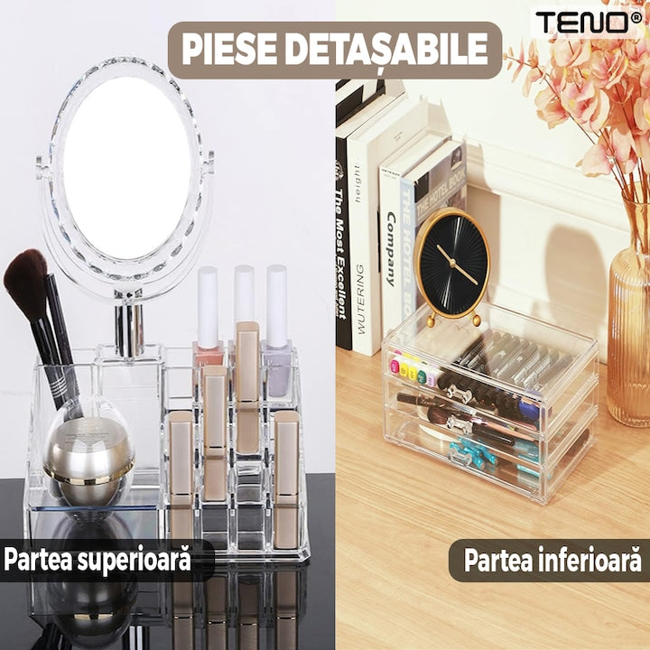 Organizator Cutie Depozitare pentru Produse Cosmetice Teno®, bijuterii si alte obiecte, 3 sertare, oglinda incorporata, piese detasabile, transparenti, 24 x 35 cm