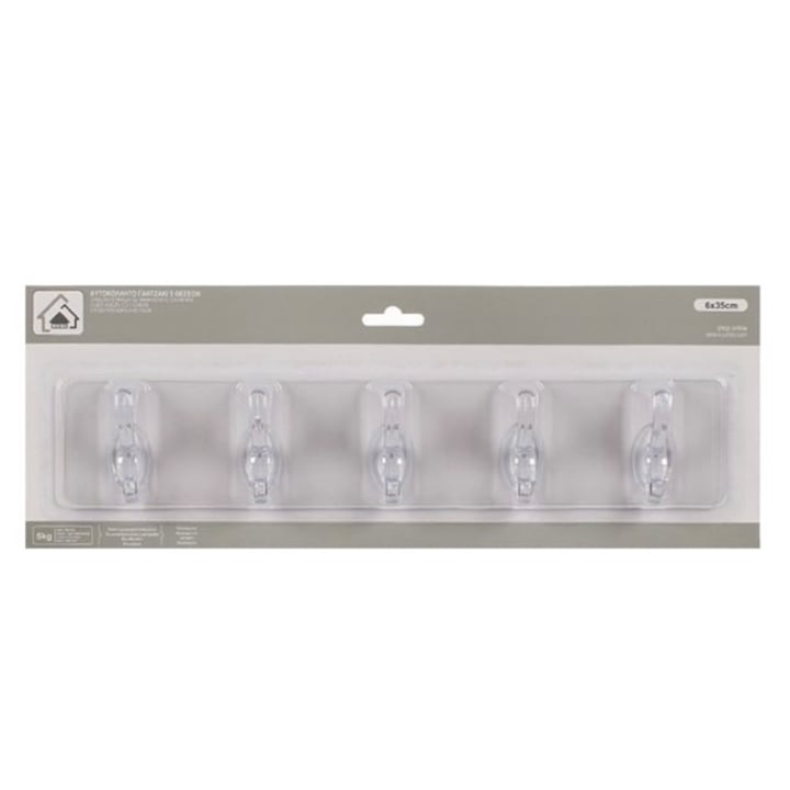 Suport autoadeziv baie sau bucatarie Macvi®, transparent, plastic rezistent, 5 carlige multifunctionale, 35 x 7 cm