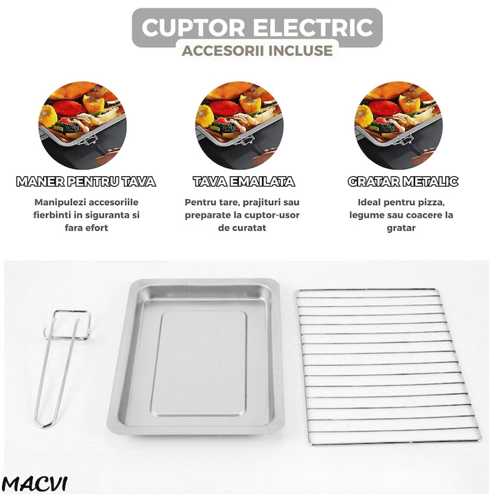 Cuptor Electric Multifunctional 25L, 1500W, Inox, Temperatura Reglabila 90-250°C, Timer 60 min, Functii Coacere, Prajire, Mentinere Cald, Accesorii Incluse