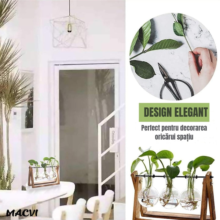 Vaza decorativa Macvi®, hidroponica cu 3 recipiente din sticla, suport din lemn pliabil, bej/transparent, 28x13.5 cm