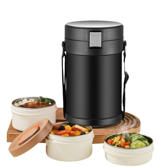 Caserola termica Macvi® din inox 304, 2.3L, 3 compartimente, etansa, cu tacamuri incluse, Negru