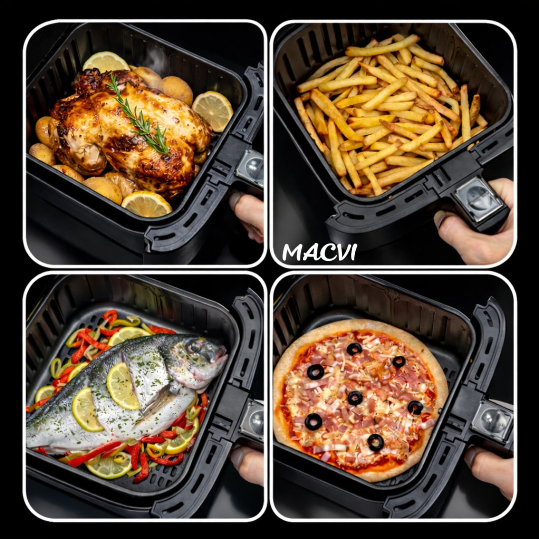Friteuza aer Macvi® cu aer cald 12L 2400W, fereastra transparenta, panou digital touch, 8 programe presetate, control temperatura 80-200°C, timer 0-60 min, gatire fara ulei, functie 3D, aer circulant