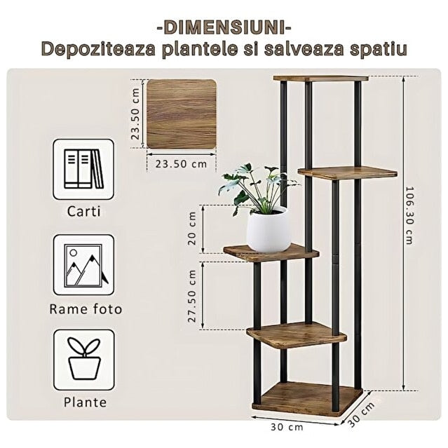 Stand Flori Macvi® Vertical 4 Etajere Metal si Lemn 106.3 cm Suport Ghivece Balcon Terasa