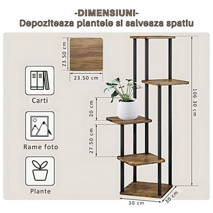 Stand Flori Macvi® Vertical 4 Etajere Metal si Lemn 106.3 cm Suport Ghivece Balcon Terasa