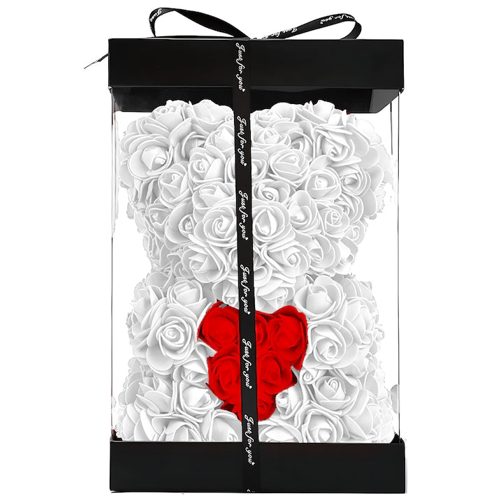 Ursulet din Trandafiri de Spuma Teno®, floral alb cu burtica rosie, handmade, cutie transparenta, 25 cm