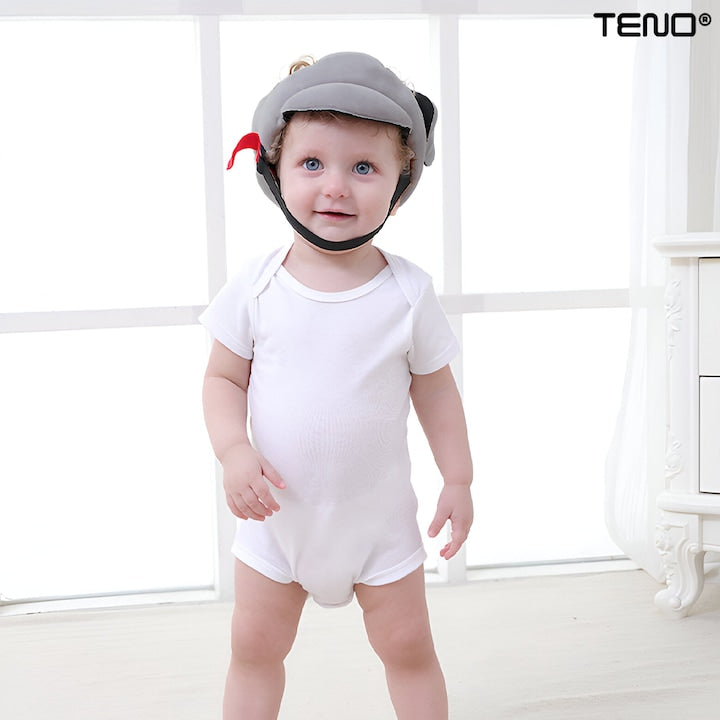 Casca Antisoc Bebelusi si Copii Teno®, protectie cazaturi, reglabila, material moale, patrupedie, usoara si comoda, gri deschis