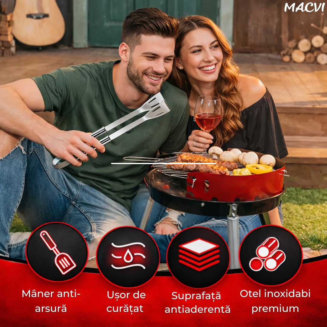 Set 5 ustensile gratar Macvi® din otel inoxidabil premium, geanta transport aluminiu captusita, accesorii pentru un gratar reusit