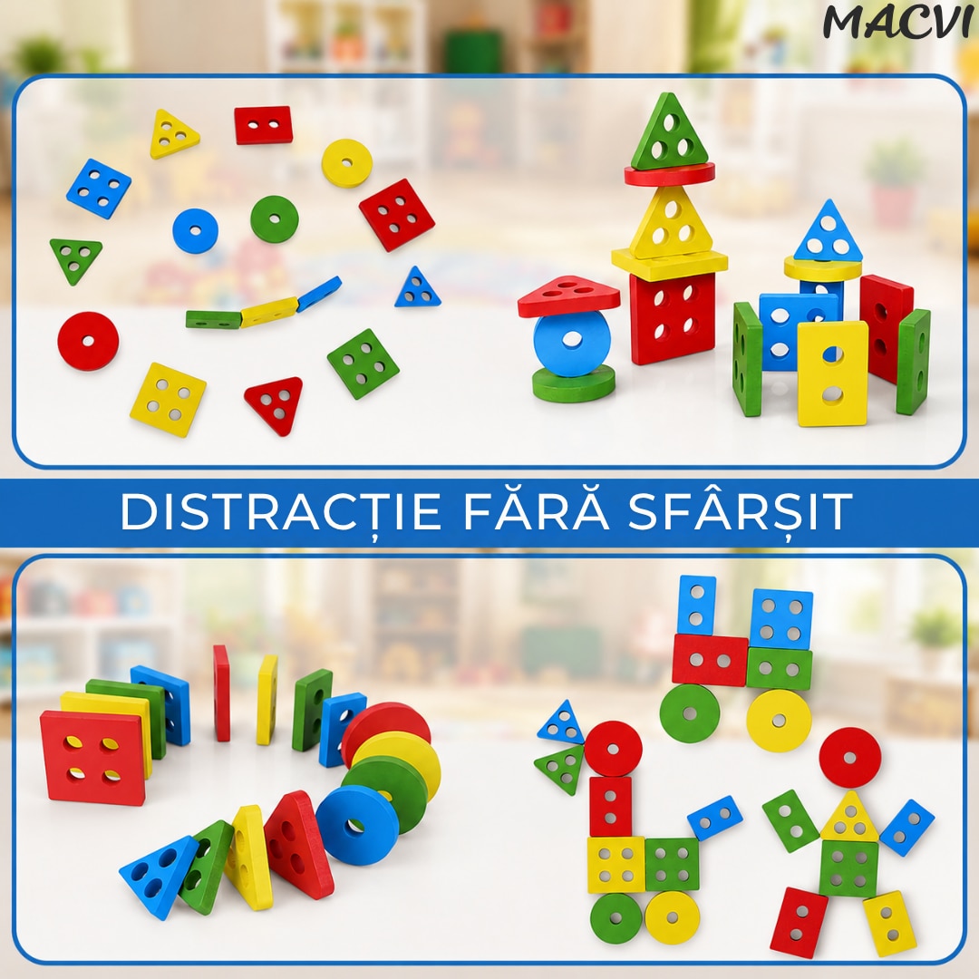 Jucarie  Tip Sortat Macvi® pentru Copii, 16 Piese, Forme Geometrice, 4 Coloane de Sortare