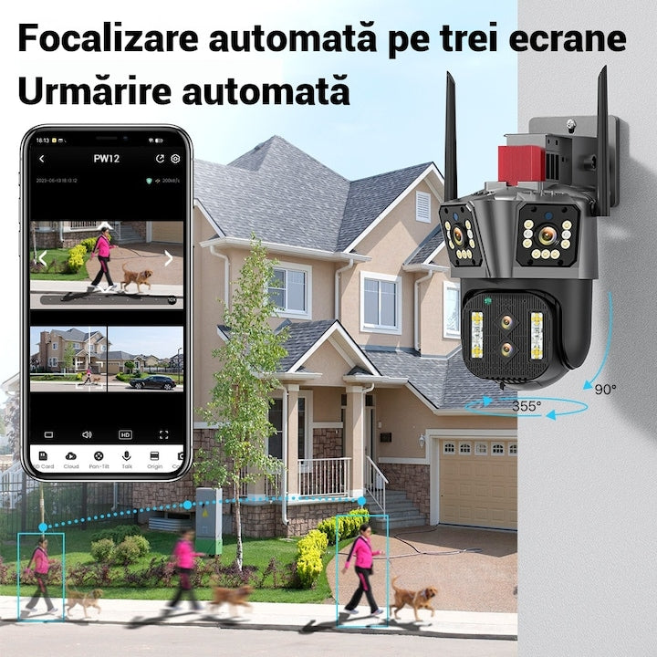 Camera Supraveghere WiFi Tripla Macvi® 4MP HD IP66 Rotire Inteligenta Zoom 4X Vedere Nocturna Color Audio Bidirectional Alarma
