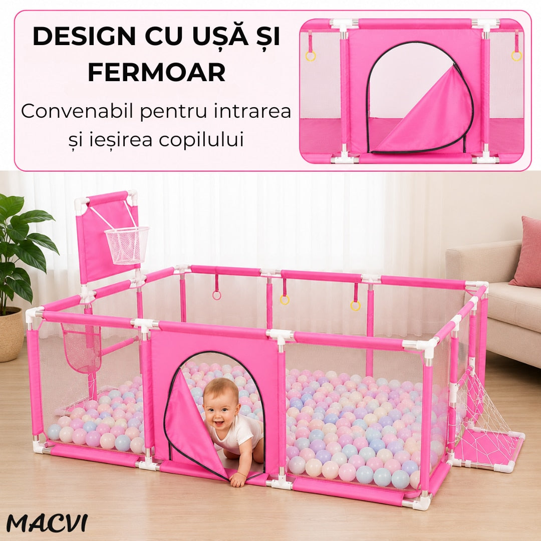 Tarc pentru copii Macvi® 100 bile incluse, gard de siguranta, 6 luni - 6 ani, 190x129x66 cm, usor de montat, otel inoxidabil, Roz