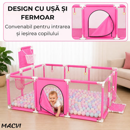 Tarc pentru copii Macvi® 100 bile incluse, gard de siguranta, 6 luni - 6 ani, 190x129x66 cm, usor de montat, otel inoxidabil, Roz