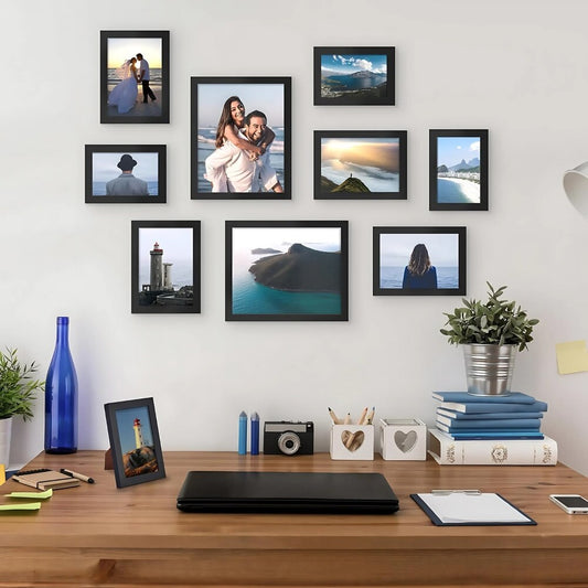 Colaj 10 rame foto Macvi®, negru, material premium, design clasic si rezistent, dimensiuni mixte pentru aranjamente creative, decor elegant pentru perete