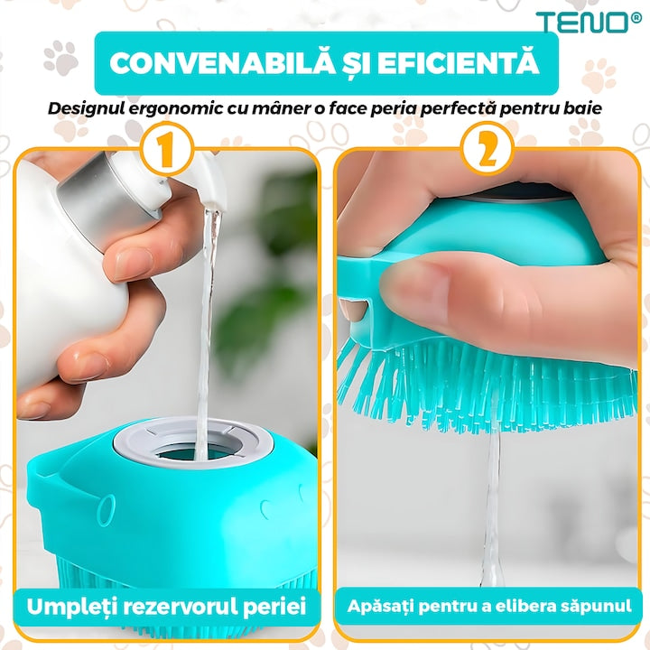 Perie din Silicon cu Dozator Teno®, universala, pentru oameni/animale, curatenia casei si a masinii, capacitate de sapun/sampon ridicata, silicon sigur, peri moi, multifunctionala, reutilizabila, turcoaz