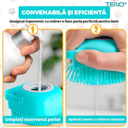 Perie din Silicon cu Dozator Teno®, universala, pentru oameni/animale, curatenia casei si a masinii, capacitate de sapun/sampon ridicata, silicon sigur, peri moi, multifunctionala, reutilizabila, turcoaz