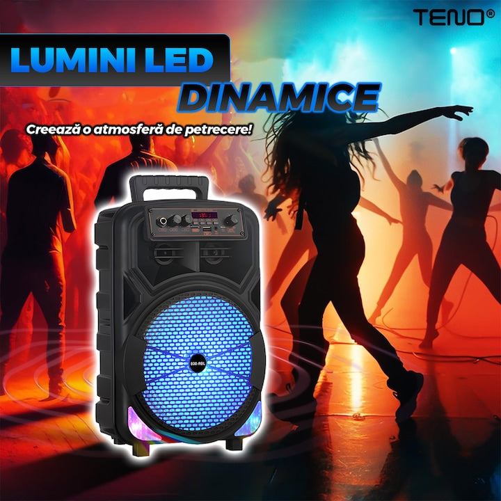 Boxa Portabila Teno JBR008, microfon inclus, lumini LED, negru, 1200W
