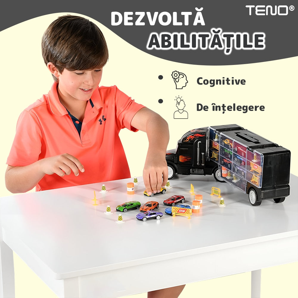Set Camion Trailer de Jucarie pentru Transport Teno®, pentru masinute de curse, 9 masinute incluse, semne de circulatie, accesorii mobile, plastic si metal, scara 1:22, negru