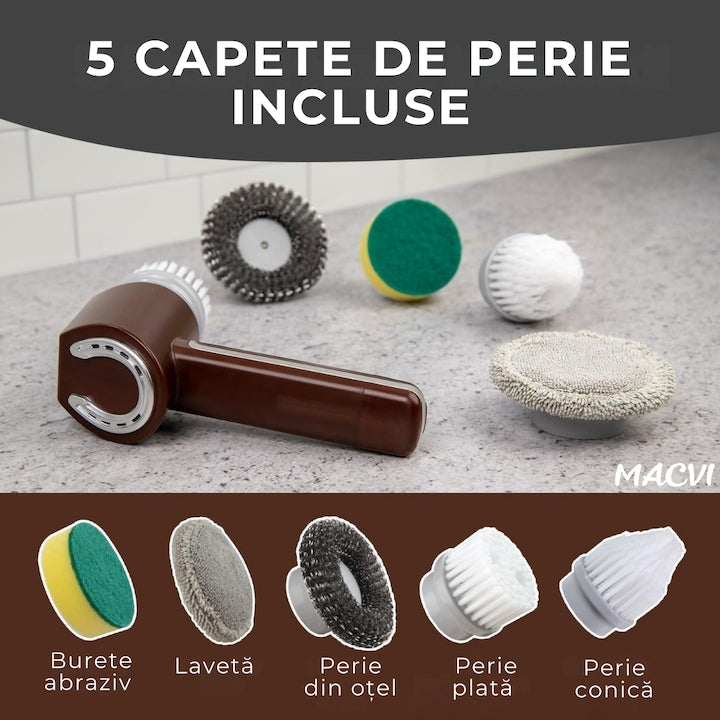 Perie electrica de curatare MACVI, fara fir, 350 RPM, set cu 5 capete interschimbabile, pentru bucatarie si baie