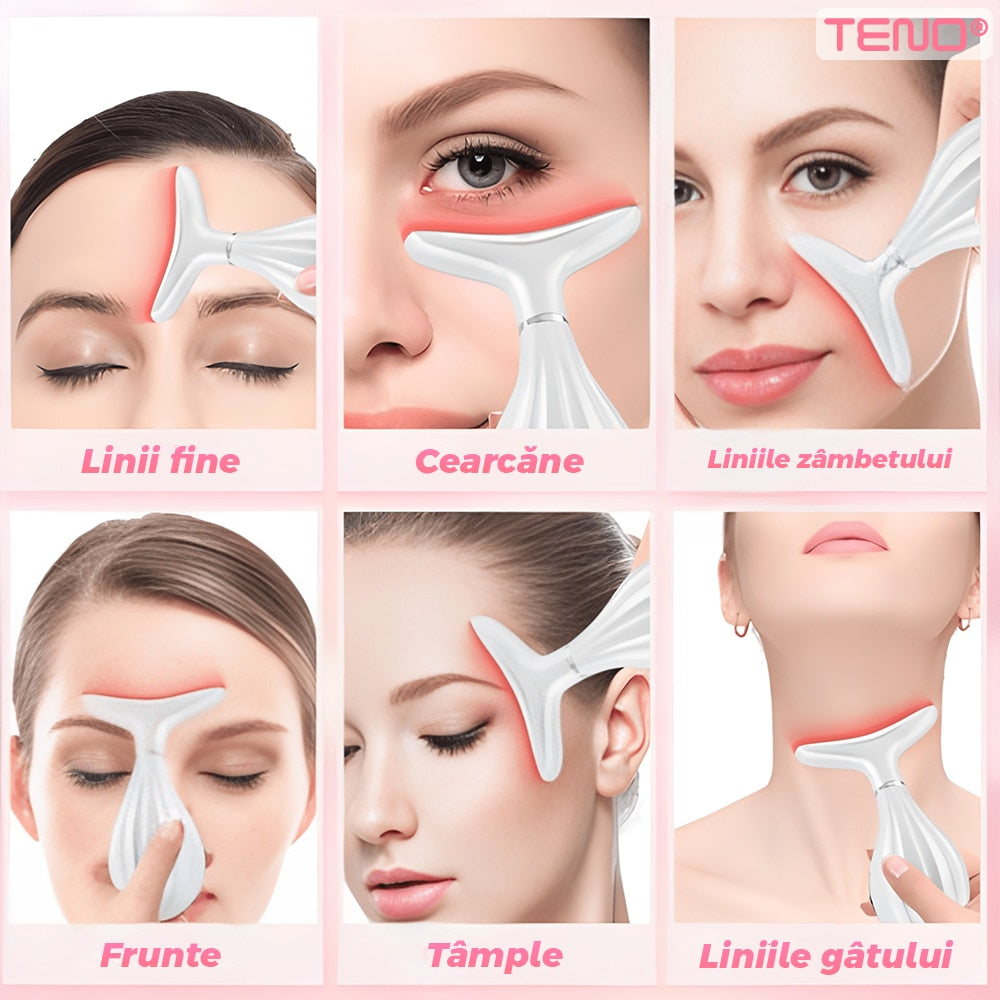 Dispozitiv Anti-Rid Teno®, aparat de masaj facial si pentru gat, suport inclus, cu incalzire pana la 42°C, 3 moduri de vibratie, fototerapie, lifting si reducerea ridurilor, alb
