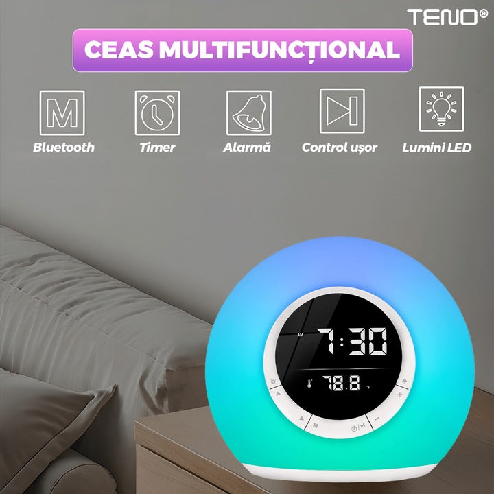 Ceas Desteptator Multifunctional Teno®, Bluetooth, functie de alarma, functie de radio, afisaj temperatura, lumini RGB, autonomie ridicata, rotund