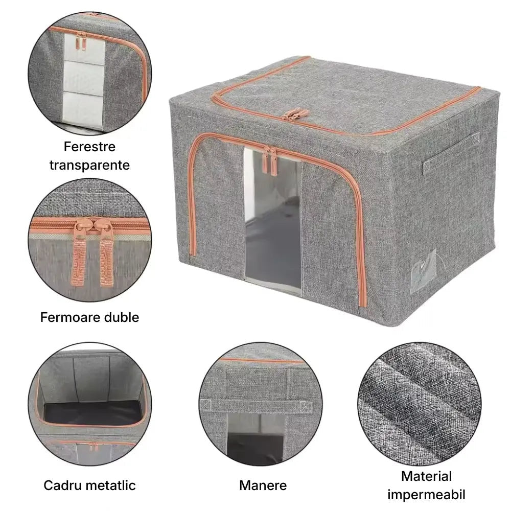 Cutie depozitare Macvi® 66L pliabila din material textil cu fermoar, fereastra transparenta si cadru metalic, organizator incapator pentru haine si articole casnice