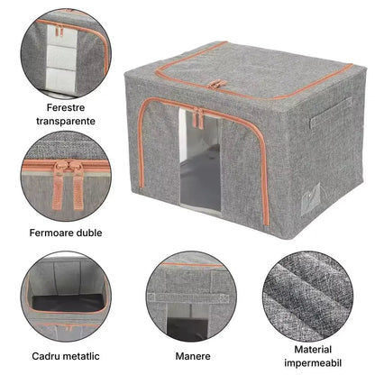 Cutie depozitare Macvi® 66L pliabila din material textil cu fermoar, fereastra transparenta si cadru metalic, organizator incapator pentru haine si articole casnice