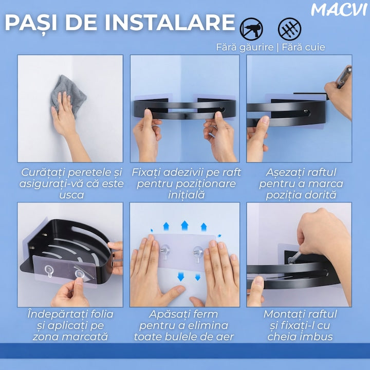 Raft de dus Macvi® set etajera baie aluminiu negru design modern si rezistent montaj usor spatiu optimizat