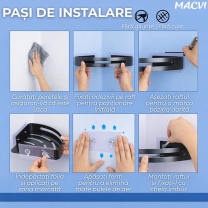 Raft de dus Macvi® set etajera baie aluminiu negru design modern si rezistent montaj usor spatiu optimizat