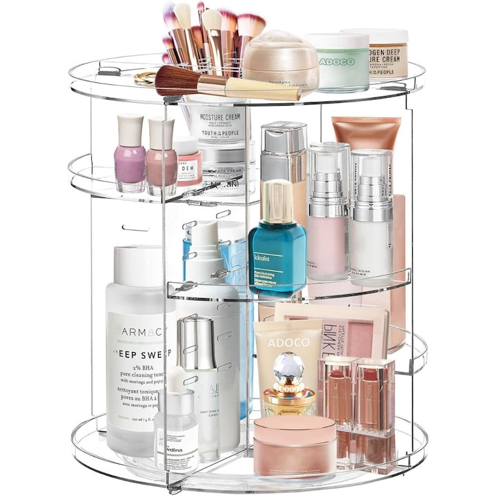 Organizator Cosmetice Rotativ Macvi® 360°, Design Reglabil, 9 Compartimente Spatioase, Montare Rapida, Ideal pentru Machiaj si Produse de Ingrijire
